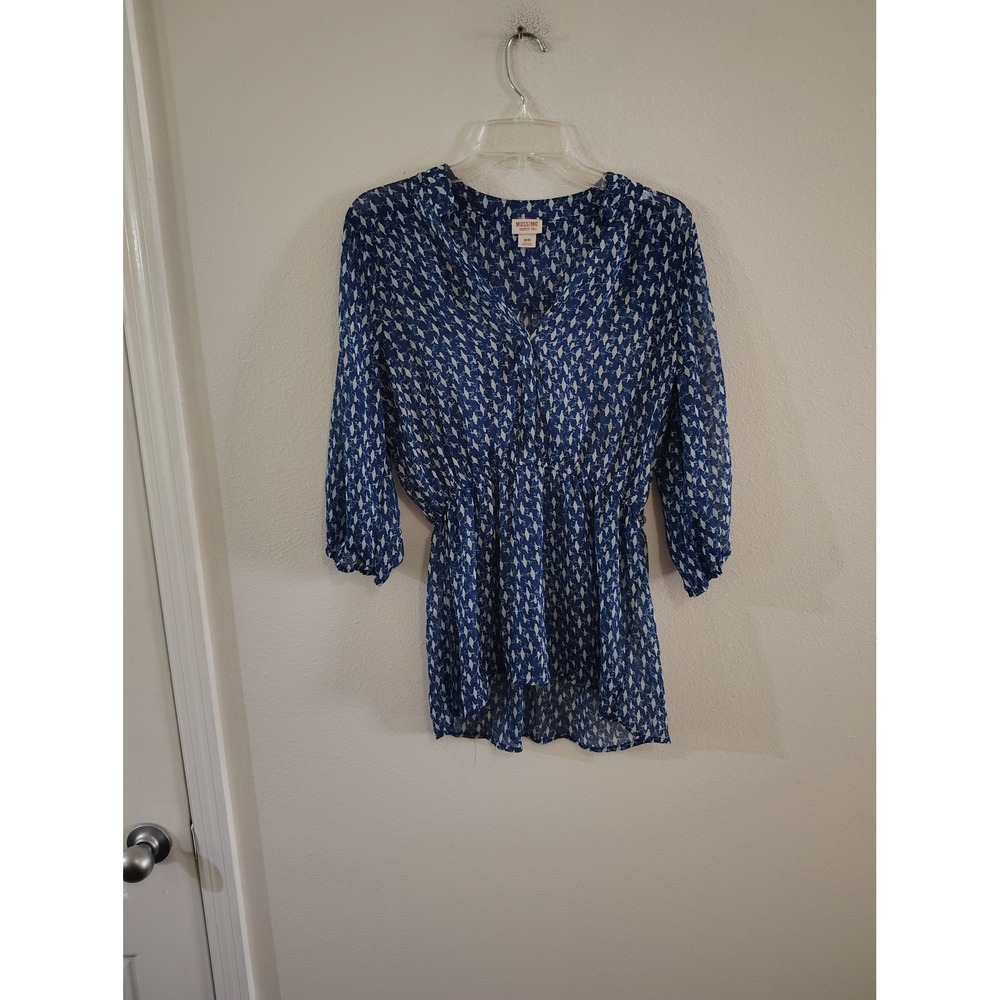 Mossimo Supply Co Blue White Bird Print Sheer Tunic Top V-Neck Elastic Waist M